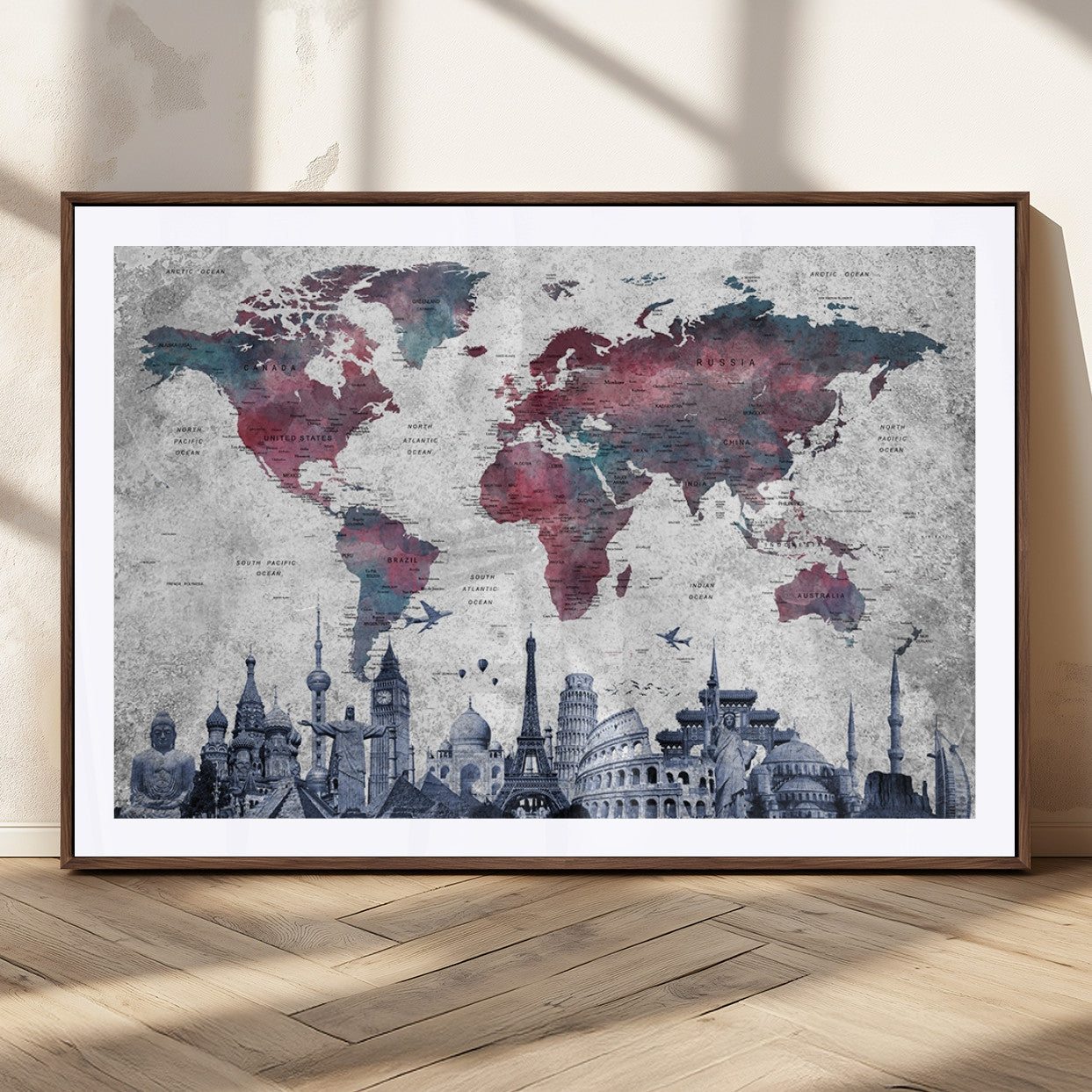 MGC-FP-36x24 - Push Pin World Map Canvas Print – Framed Wall Art for Couples to Track Their Travels – Anniversary