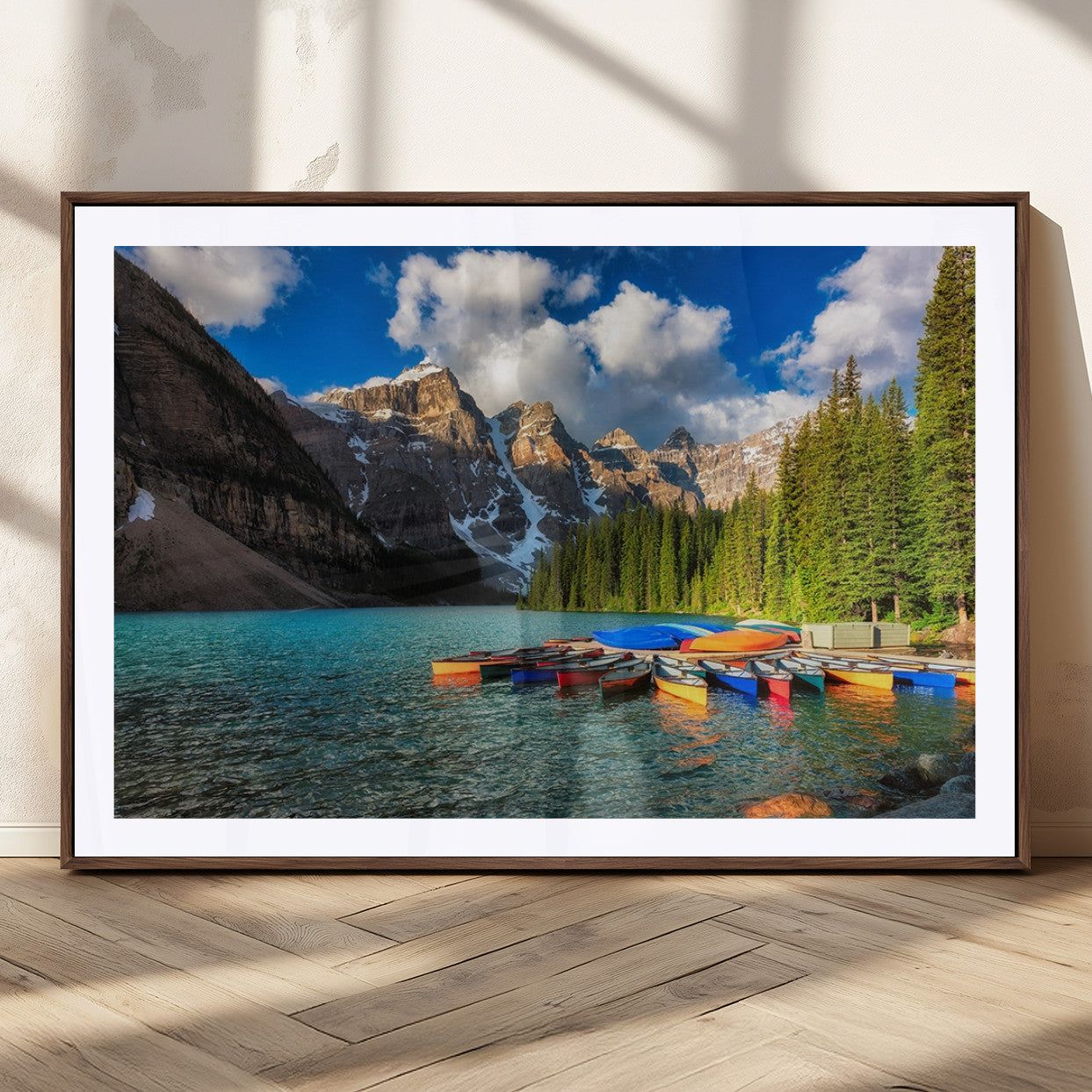 MGC-FP-36x24 - Moraine Lake 3-Panel Wall Art, Majestic Mountain and Lake Landscape Canvas Print Canoes on Moraine