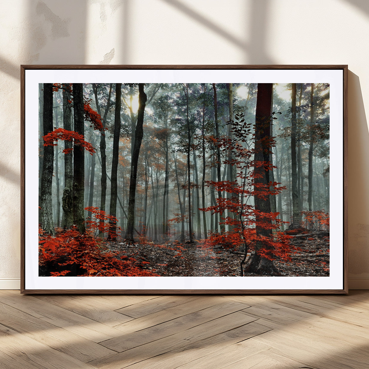 MGC-FP-36x24 - Autumn Forest Canvas Wall Art – Enchanting Red Leaves Triptych Print – Nature-Inspired Decor for