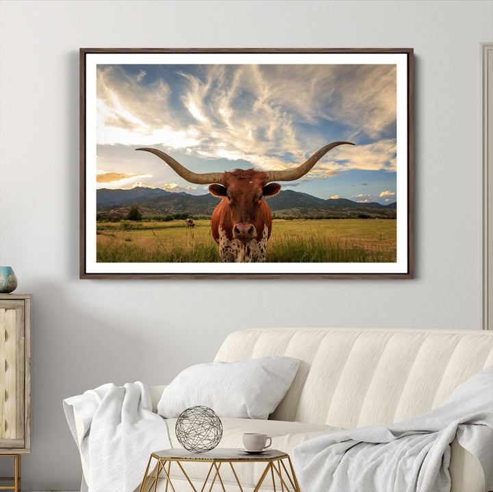 Texas Longhorn Canvas Wall Art – Majestic Triptych Animal Print – Rustic Western Decor for Living Room or Office – Ready to Hang