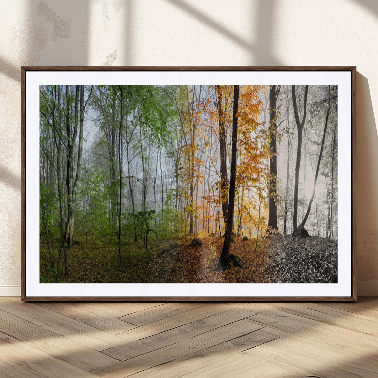 MGC-FP-36x24 - Four Seasons Wall Art Forest Canvas Print – Triptych Seasonal Nature Print – Landscape Decor for