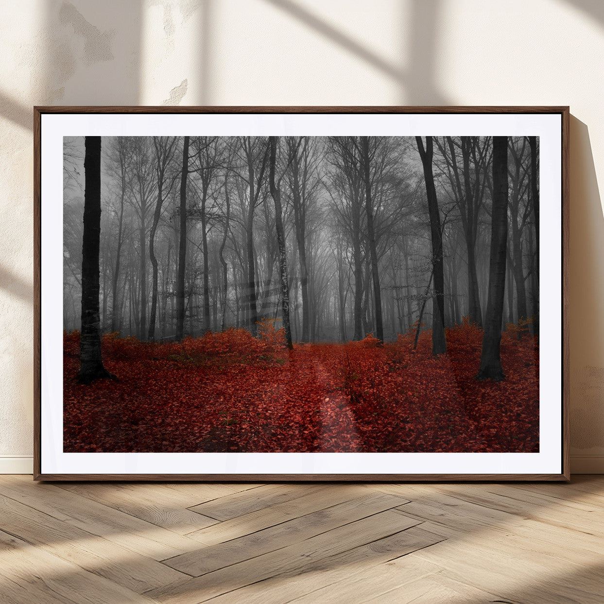 38804-MGC-FP-36x24_Walnut-Red Forest Floor Canvas Wall Art – Mystical Foggy Woodland Triptych – Nature-Inspired Decor for