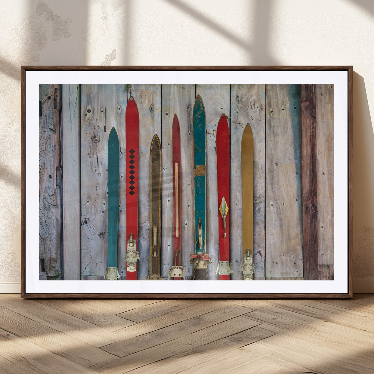 MGC-FP-36x24 - Vintage Wooden Weathered Ski's in Front of an Old Barn Wall Art Canvas Print for Farmhouse, Cabin