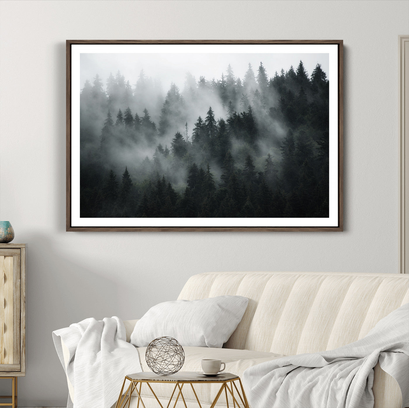 52359-MGC-FP-36x24_Walnut-Foggy Forest Wall Art Canvas Print | 3 Panel Large Misty Landscape for Dining Room, Office, or Living Room | Ready to Hang Nature Deco