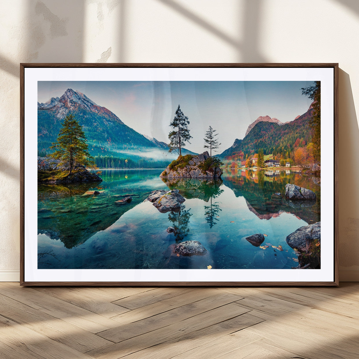 55009-MGC-FP-36x24_Walnut-Crystal Clear Lake Wall Art | Mountains Wall Art Canvas | 3 Panel Large Landscape Print for Dining