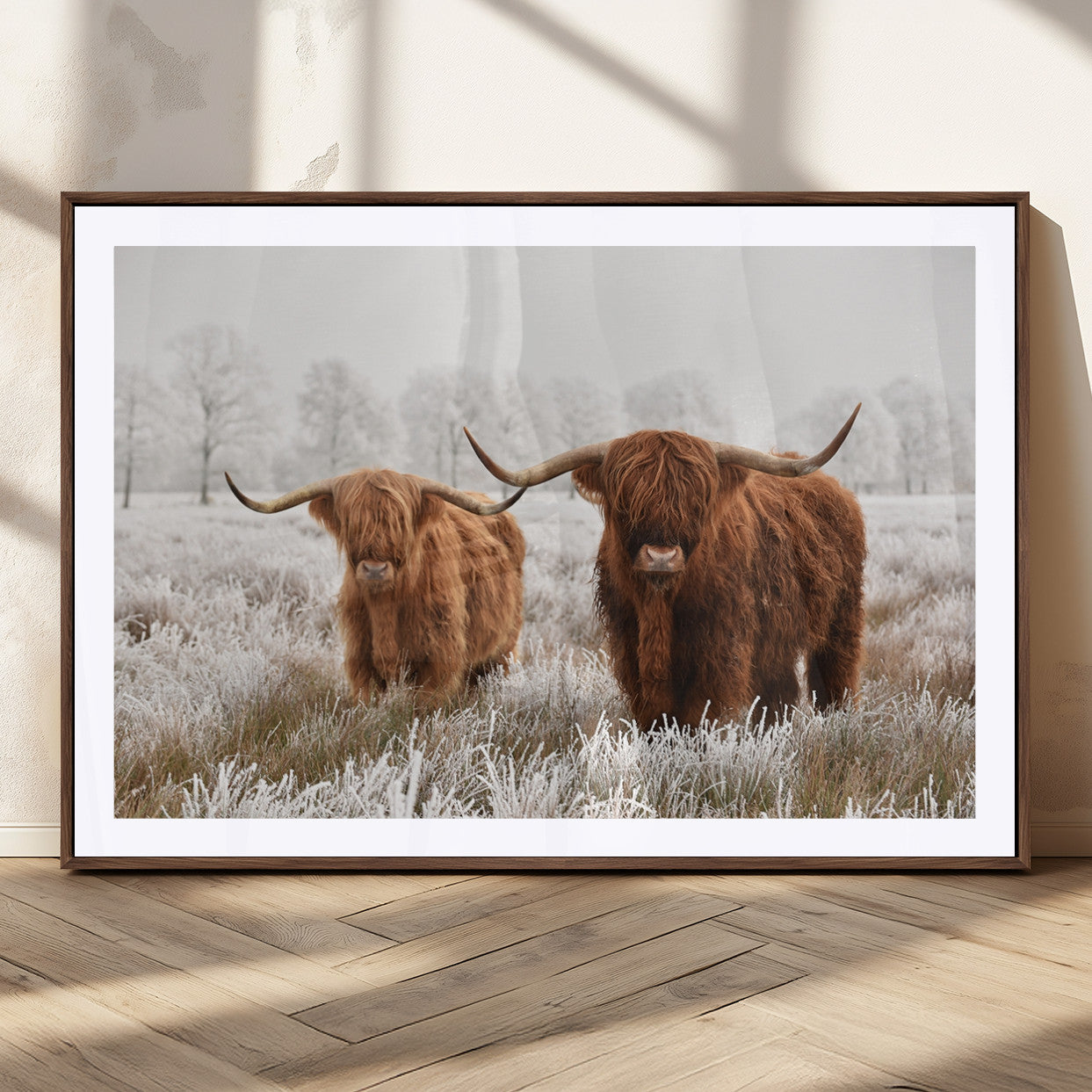 MGC-FP-36x24 - Longhorn Cattle Wall Art Canvas Print, Framed Farmhouse Style Art Picture Print, Rustic Cow Perfect Rustic Farmhouse Decor Artwork