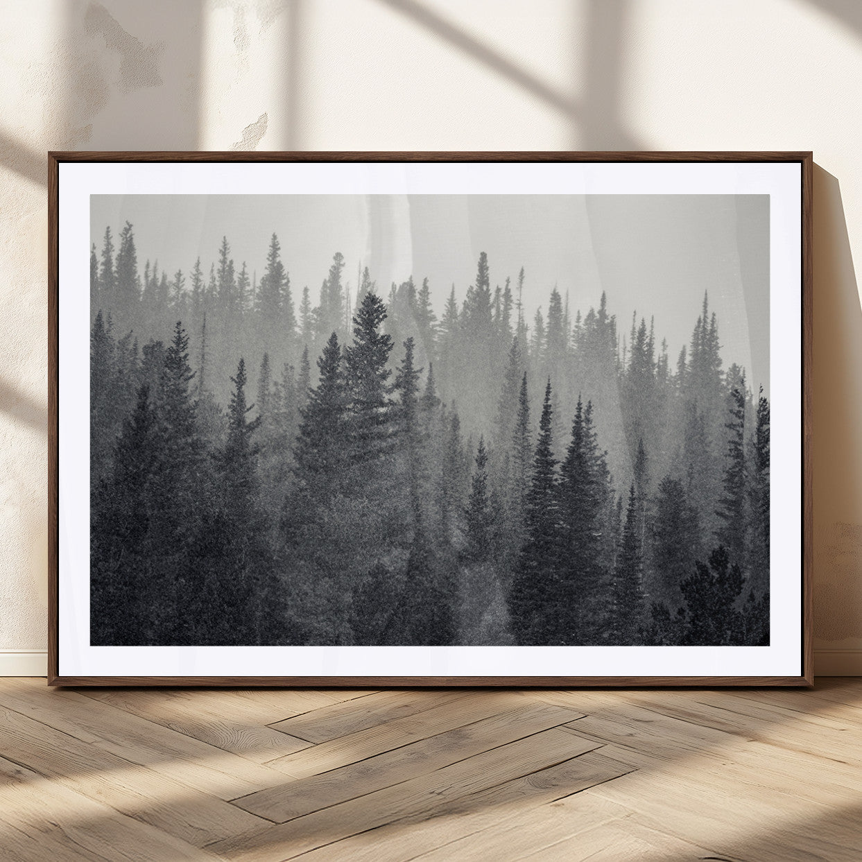 MGC-FP-36x24 - Misty Forest Canvas Wall Art – Monochrome Triptych Pine Tree Print – Nature-Inspired Home Decor –
