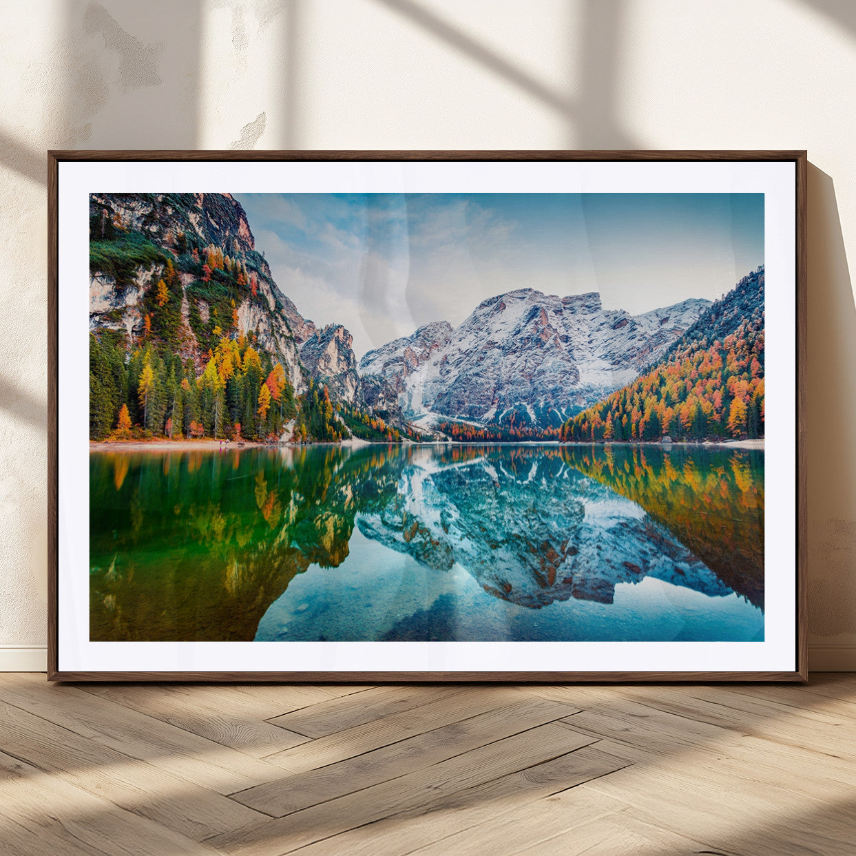11645-MGC-FP-36x24_Walnut-Spectacular autumn view of Braies Lake Wall Art Canvas Print