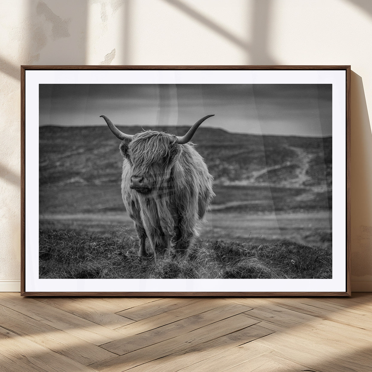 MGC-FP-36x24 - Fluffy Cattle Wall Art Print, Highland Cow Canvas, Framed Black and white Wall Art