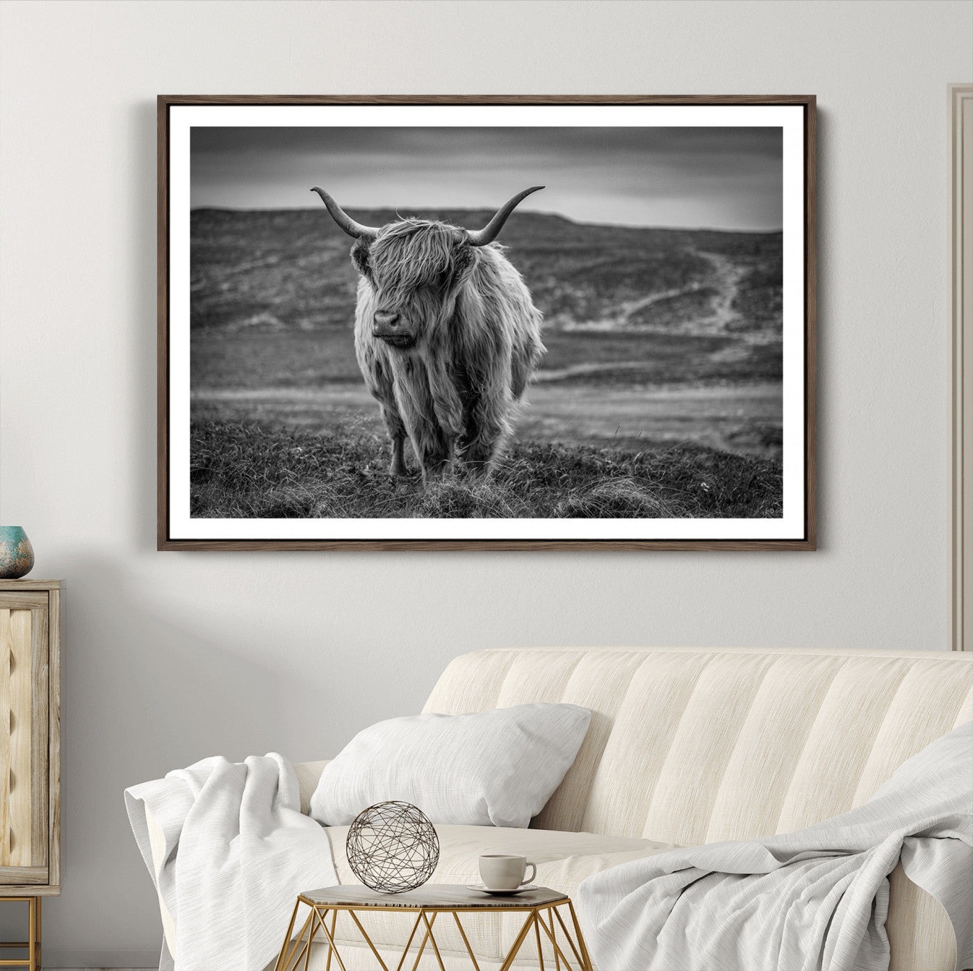 42995-MGC-FP-36x24_Walnut-Fluffy Cattle Wall Art Print, Highland Cow Canvas, Framed Black and white Wall Art