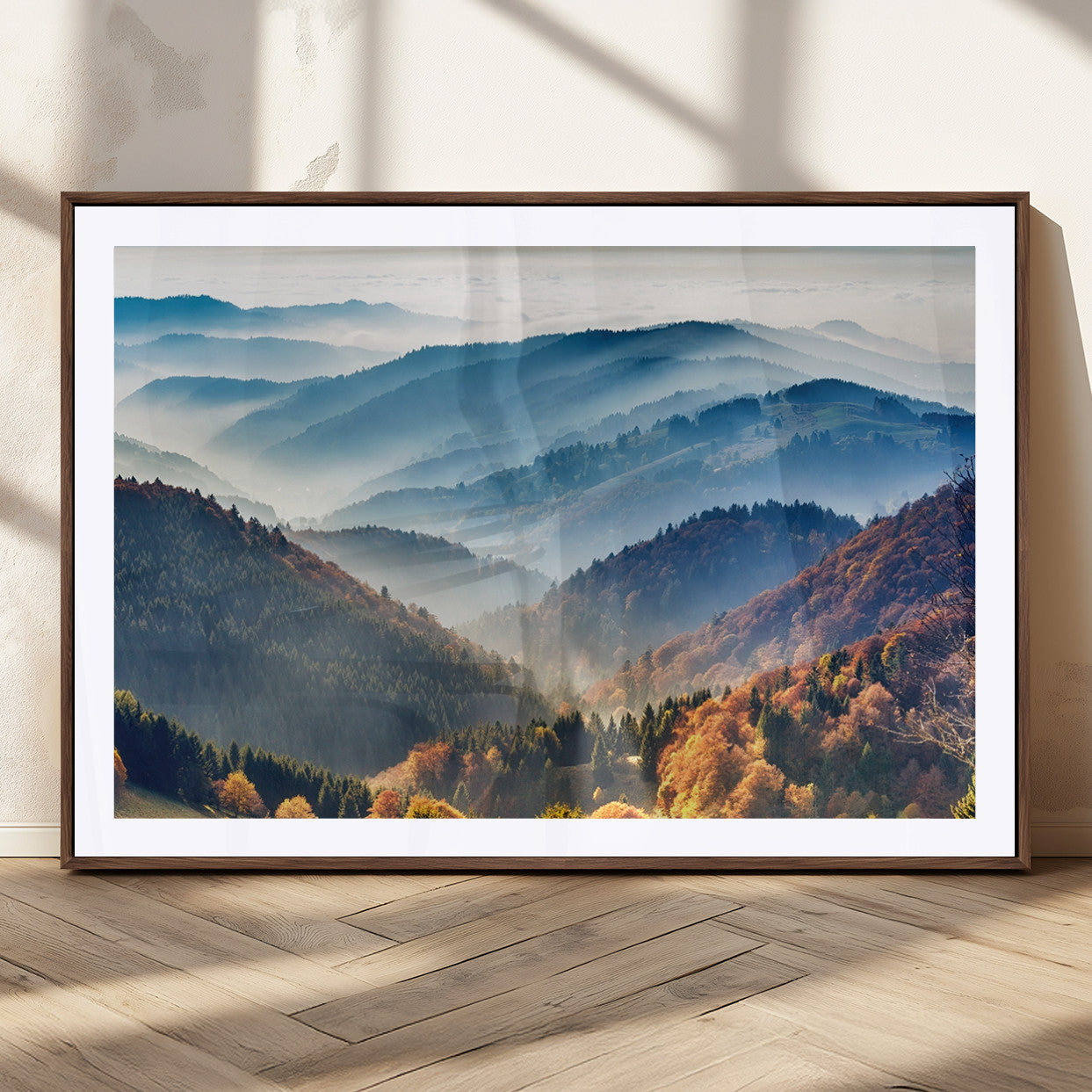 MGC-FP-36x24 - Misty Mountain Sunrise Triptych Canvas Print – Autumn Landscape Wall Art – Scenic Nature Decor –