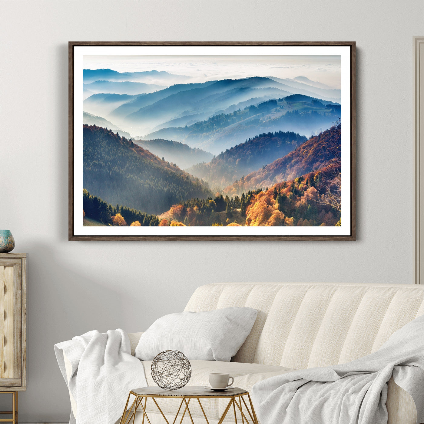 23293-MGC-FP-36x24_Walnut-Misty Mountain Sunrise Triptych Canvas Print – Autumn Landscape Wall Art – Scenic Nature Decor – Ready to Hang
