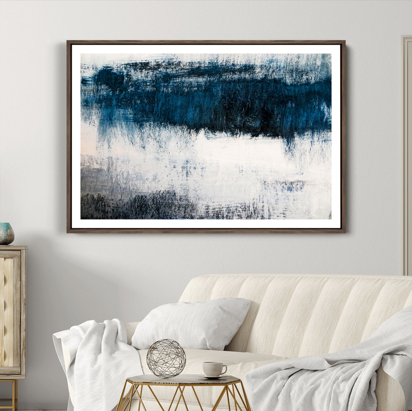 38954-MGC-FP-36x24_Walnut-Abstract Blue and White Canvas Art | Large Wall Art for Modern Living Room Decor | Minimalist Brushstroke Painting on Canvas