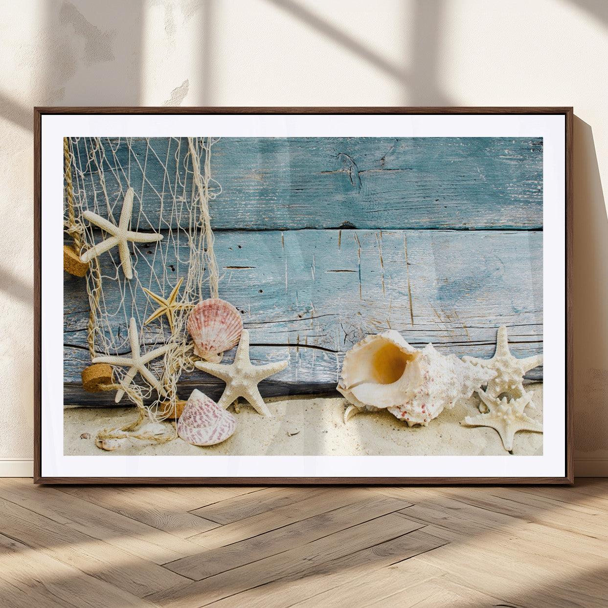 MGC-FP-36x24 - Seashells on Rustic Wooden Background, Seashells Wall Art Canvas Print