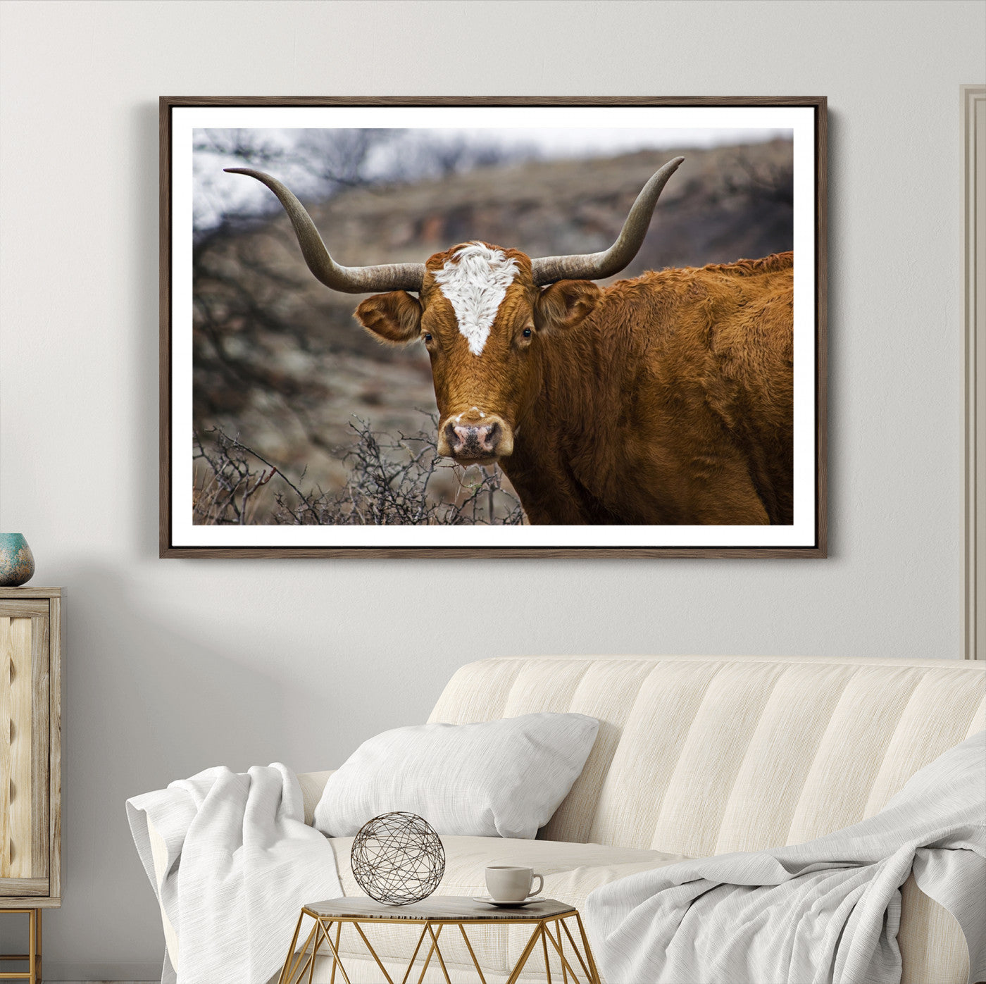 71797-MGC-FP-36x24_Walnut-Texas Longhorn Canvas Wall Art - Longhorn Steer Canvas Wall Art Print- Rustic Western Animal Print, Large Longhorn Decor for Living Room,