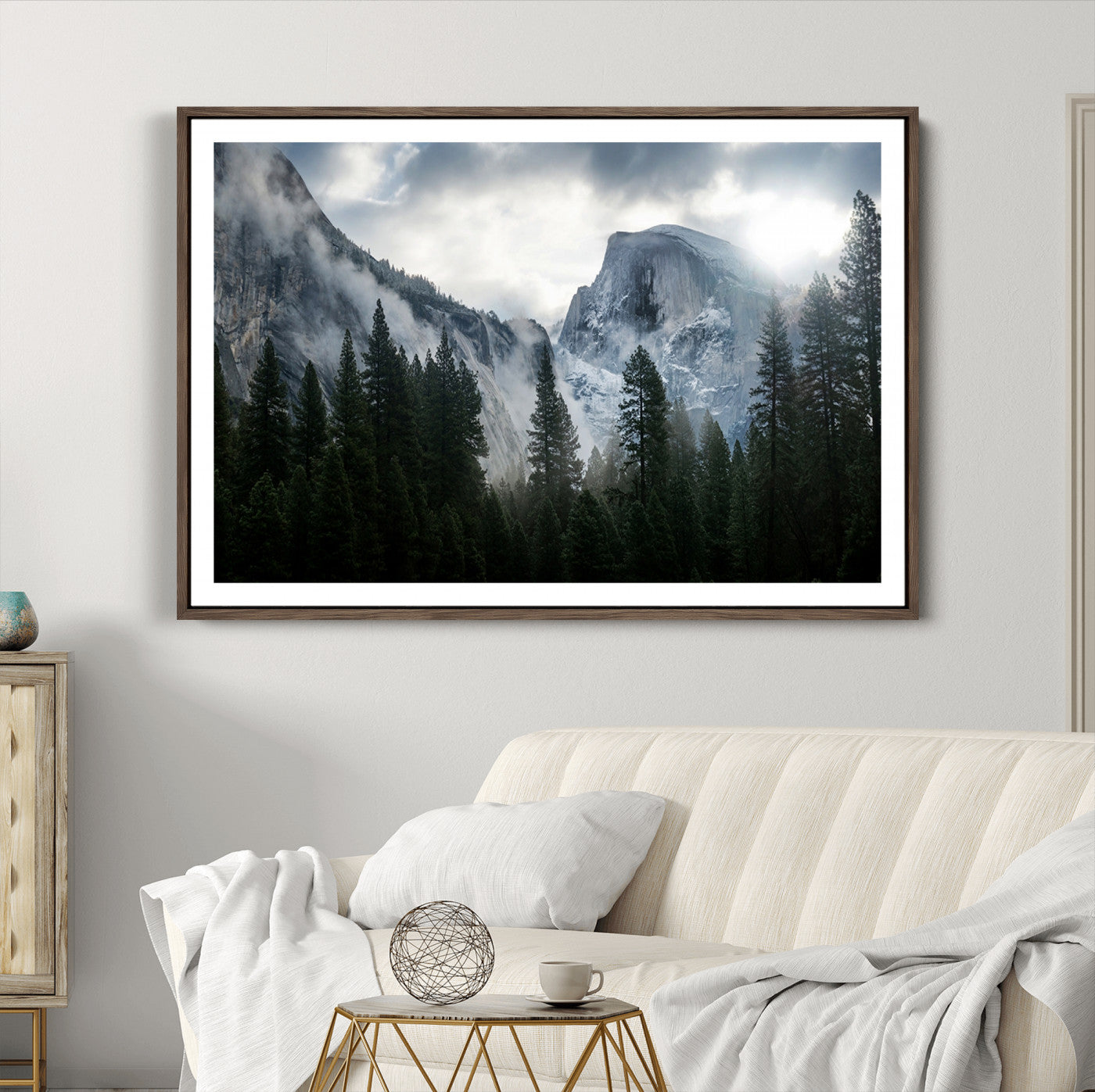 98725-MGC-FP-36x24_Walnut-Yosemite National Park El Capitan Foggy Mountain Wall Art | Large Canvas Print for Living Room, Office, Bedroom | Misty Forest and Mountain
