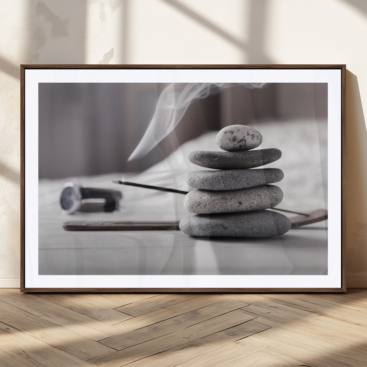 MGC-FP-36x24 - Burning Incense and Zen Stones Buddhism Wall Art, Zen Stones Wall Art Canvas Print