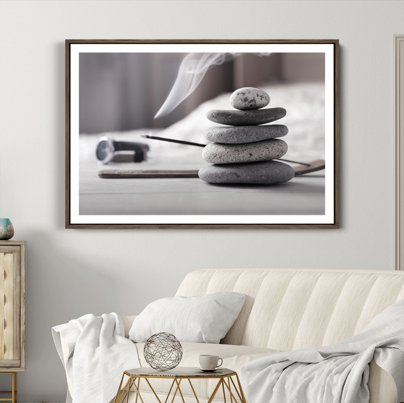 50072-MGC-FP-36x24_Walnut-Burning Incense and Zen Stones Buddhism Wall Art, Zen Stones Wall Art Canvas Print