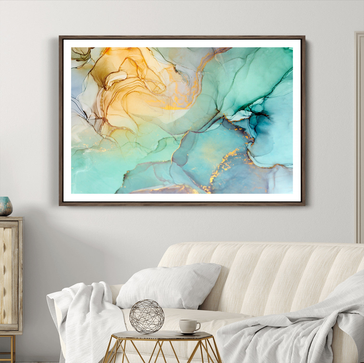 47242-MGC-FP-36x24_Walnut-Green Marble Fluid Effect Wall Art Abstract Canvas Wall Art Print