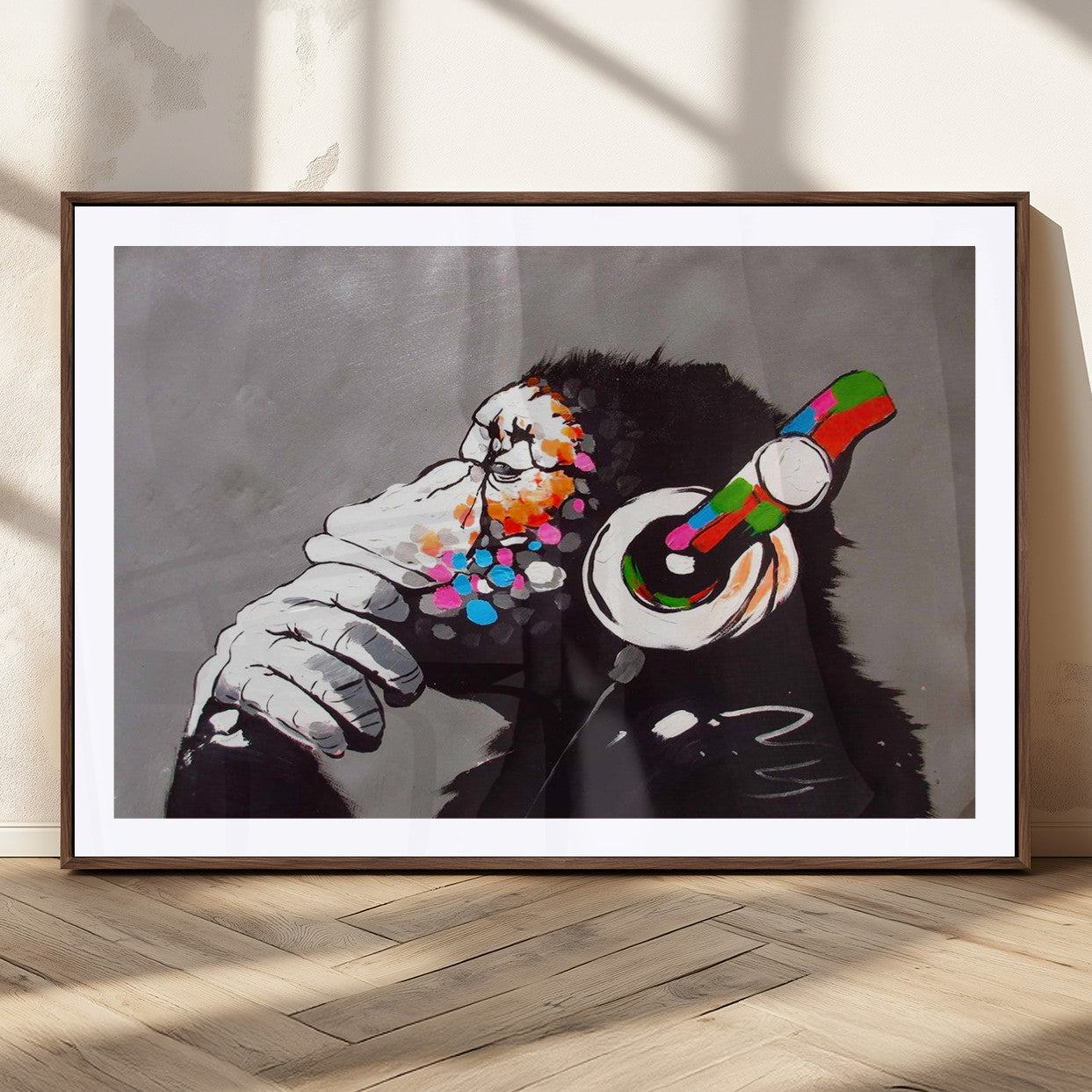 MGC-FP-36x24 - Dj Monkey Listening to Music Wall Art Print | Banksy Monkey Large Canvas Print for Living Room,