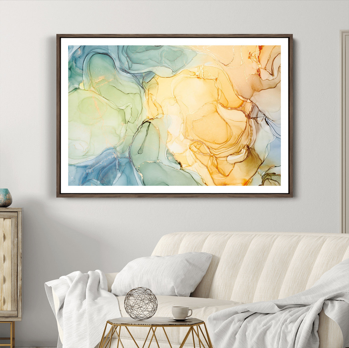 42195-MGC-FP-36x24_Walnut-Green and Yellow Marble Fluid Effect Wall Art, Green and Yellow Marble Canvas Wall Art Print