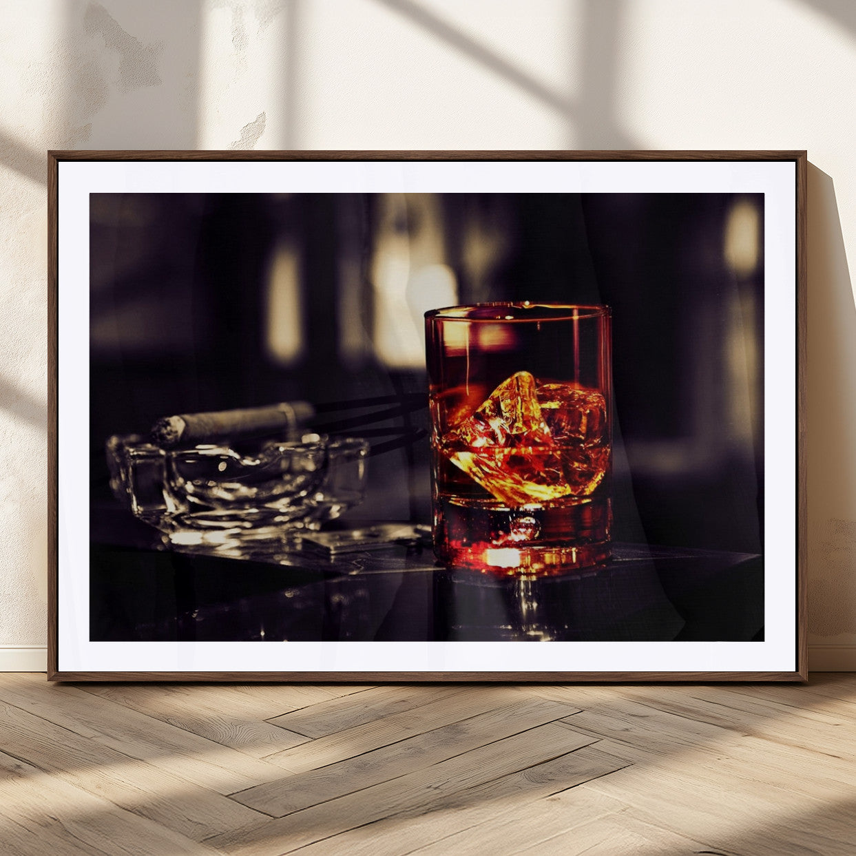 MGC-FP-36x24 - Whiskey and Cigar Canvas – Luxurious Wall Art for Home or Bar – Glass and Cigar Scene Print Canvas