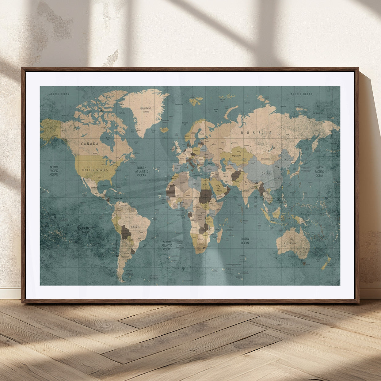 MGC-FP-36x24 - Classic World Map Wall Art Canvas Print, Framed Retro Map Art Picture Print, Vintage Atlas Perfect Rustic Explorer Decor Artwork