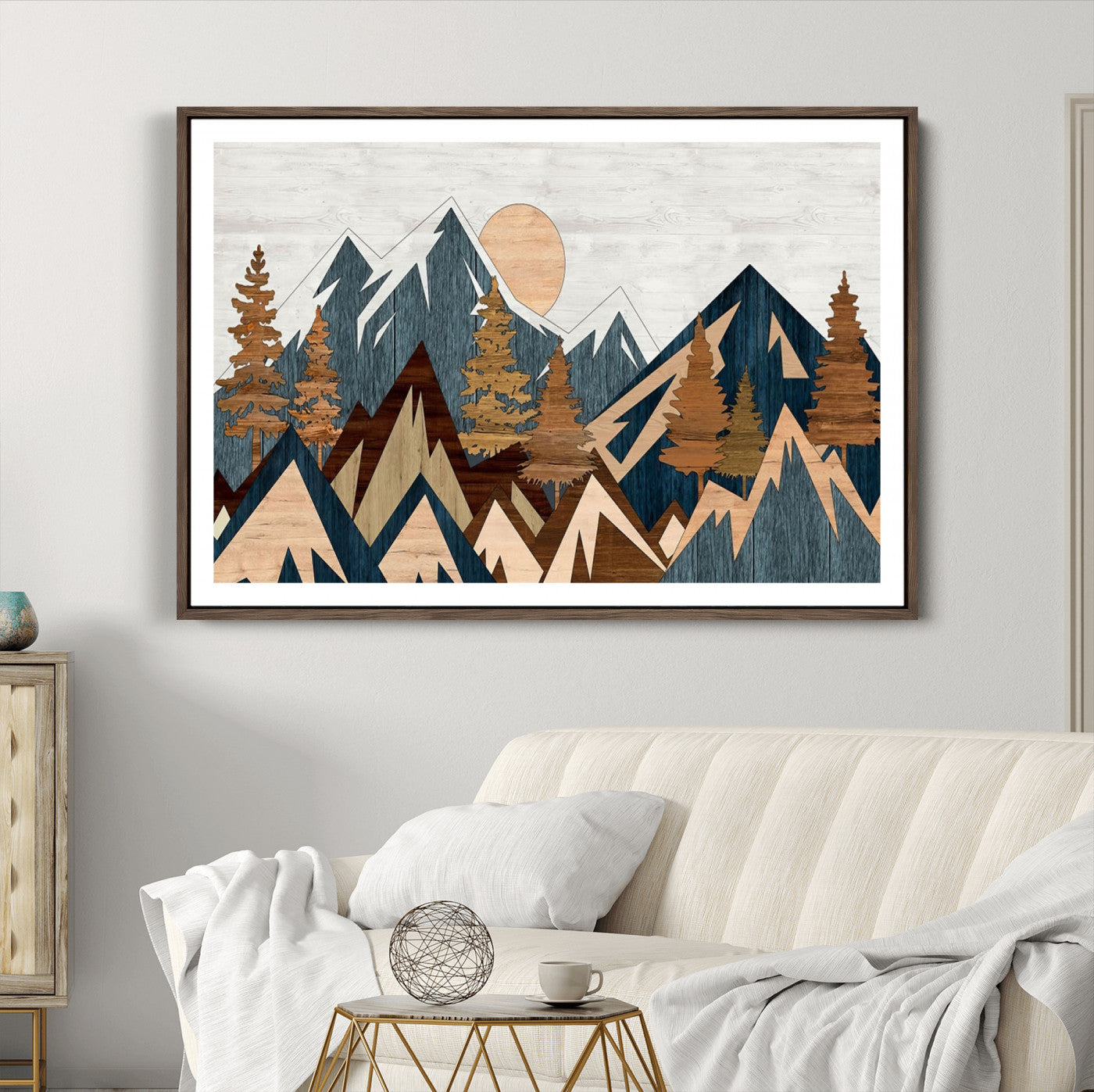 91467-MGC-FP-36x24_Walnut-Abstract Wood Panel Effect Mountain Range Top Wall Art Canvas Print