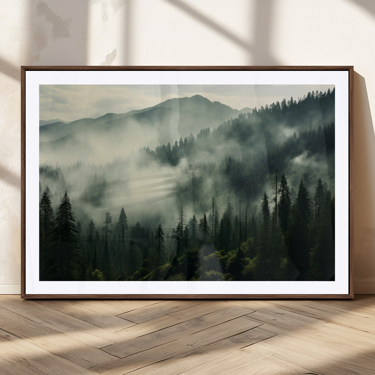MGC-FP-36x24 - Captivating Misty Forest Wall Art Premium Canvas Print a Foggy and Serene Atmosphere