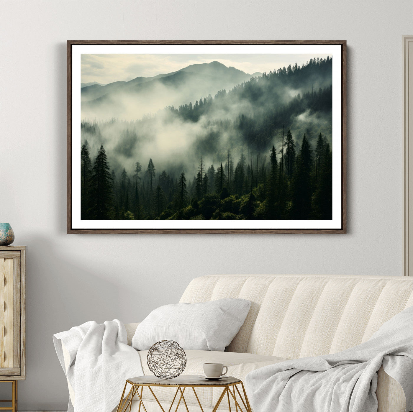 25295-MGC-FP-36x24_Walnut-Captivating Misty Forest Wall Art Premium Canvas Print a Foggy and Serene Atmosphere
