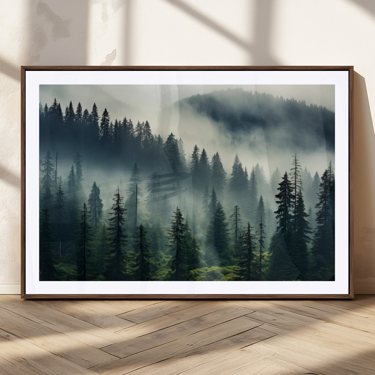 MGC-FP-36x24 - Captivating Misty Forest Wall Art Premium Canvas Print a Foggy and Serene Atmosphere