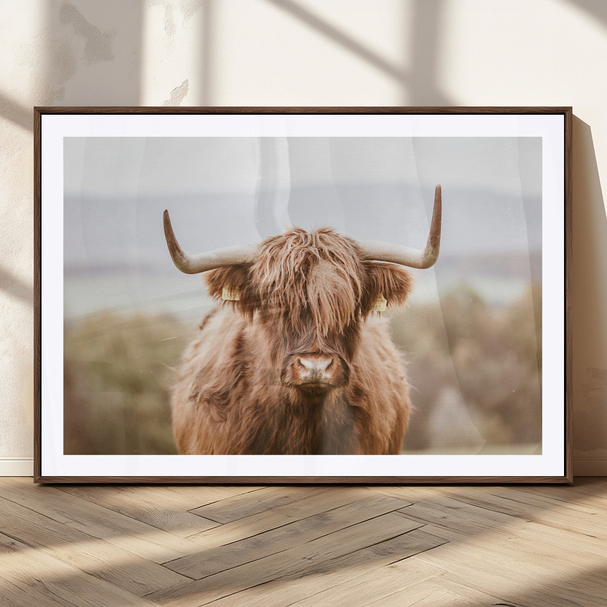 MGC-FP-36x24 - Scottish Serene Highland Cow Canvas Wall Art – Serene Highland Cow in Natural Pastel Tones – Ready