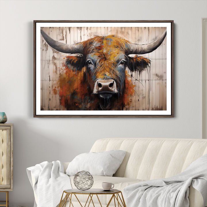 Scottish Highland Cow Cattle Art Print on Wood Style Background