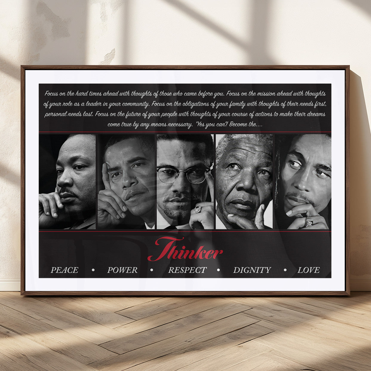 MGC-FP-36x24 - Thinker Quintet Canvas Wall Art – Martin, Obama, Malcolm X, Mandela, Marley Featuring Peace, Power,