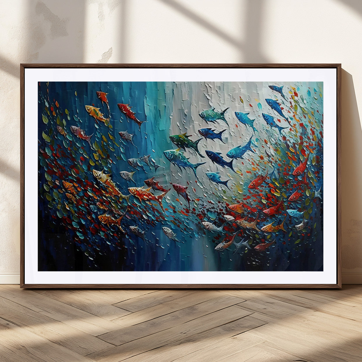 MGC-FP-36x24 - Modern Abstract Fish Shoal Wall Art Canvas Print, Colorful Fish Herd Painting on Canvas Print, Ocean