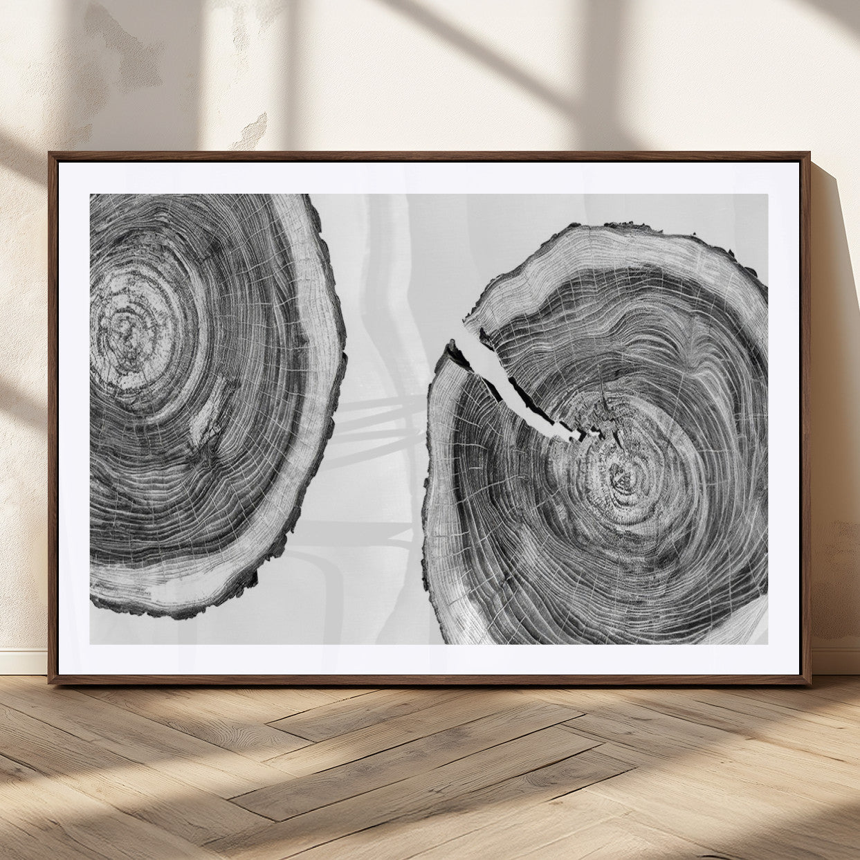 MGC-FP-36x24 - Modern Black and White Tree Rings Canvas Wall Art – Nature Inspired Wood Slice Print – Minimalist