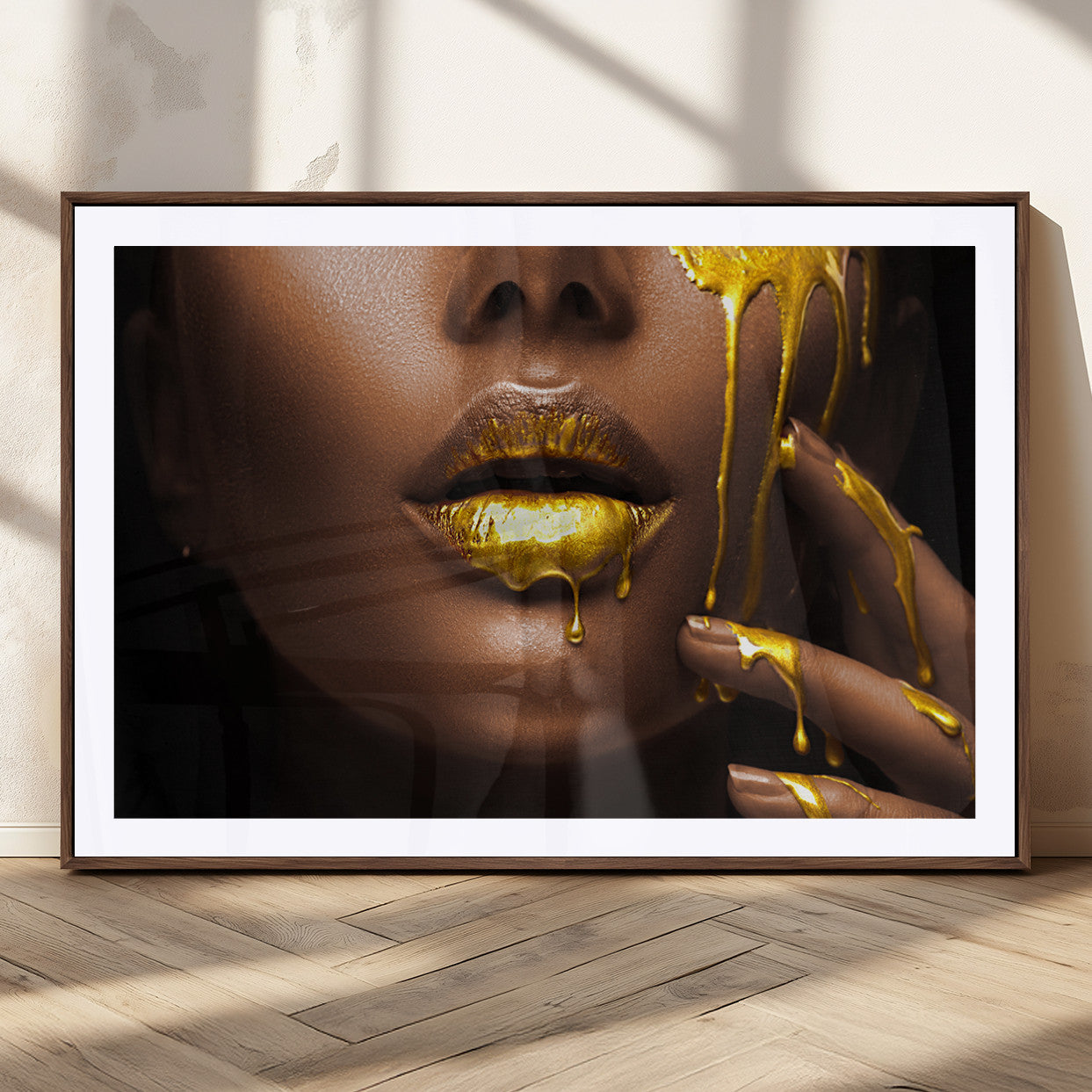 MGC-FP-36x24 - African American Art Black Woman Canvas Print, African Wall Art, Fashion African Woman Gold Lips