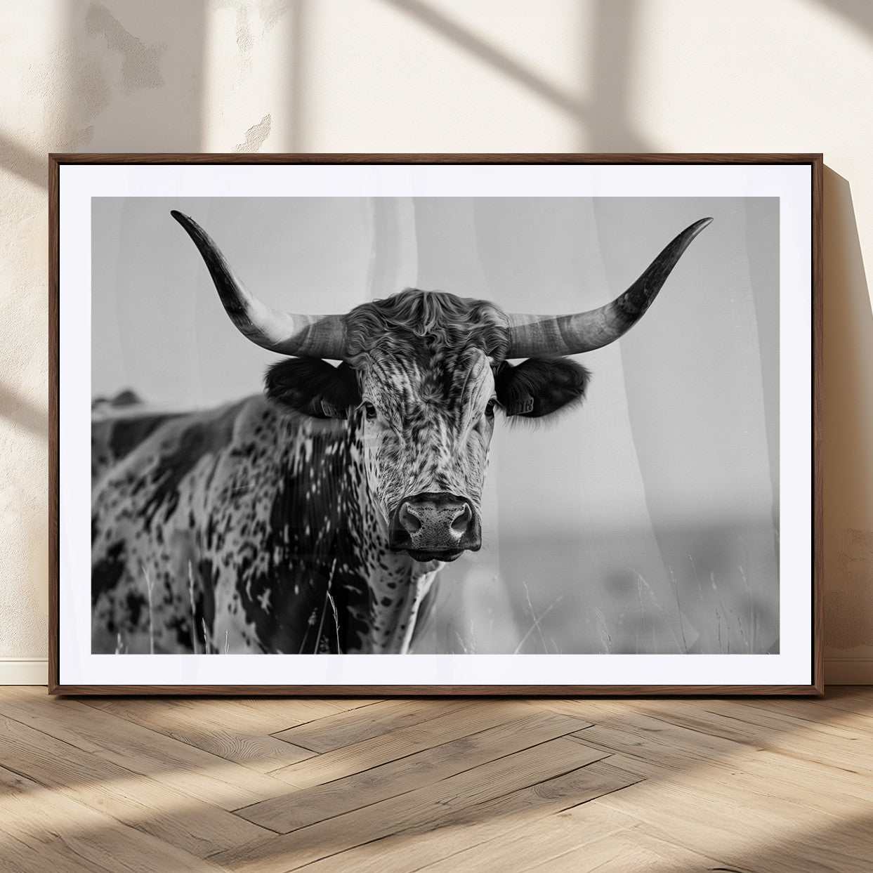 MGC-FP-36x24 - Texas Highland Cow Longhorn Canvas Print - Rustic Farmhouse Wall Art - Large Texas Longhorn
