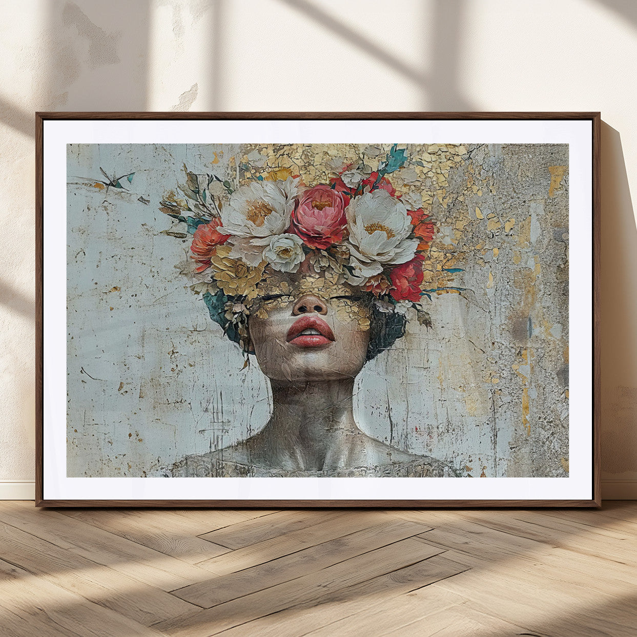 MGC-FP-36x24 - Golden Petal Wall Art Canvas Print - Silhouette Woman Wall Art Canvas Print, Floral Woman Portrait