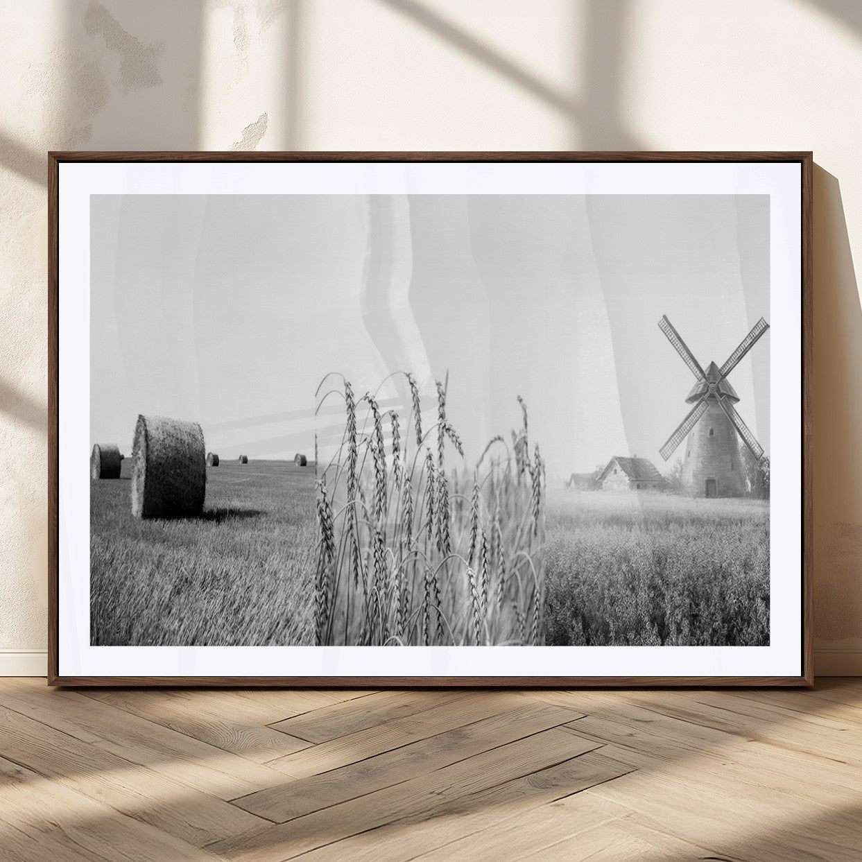 MGC-FP-36x24 - Vintage Farmhouse Black and White Triptych Wall Art – Giclee Canvas Featuring Wheat Fields, Hay