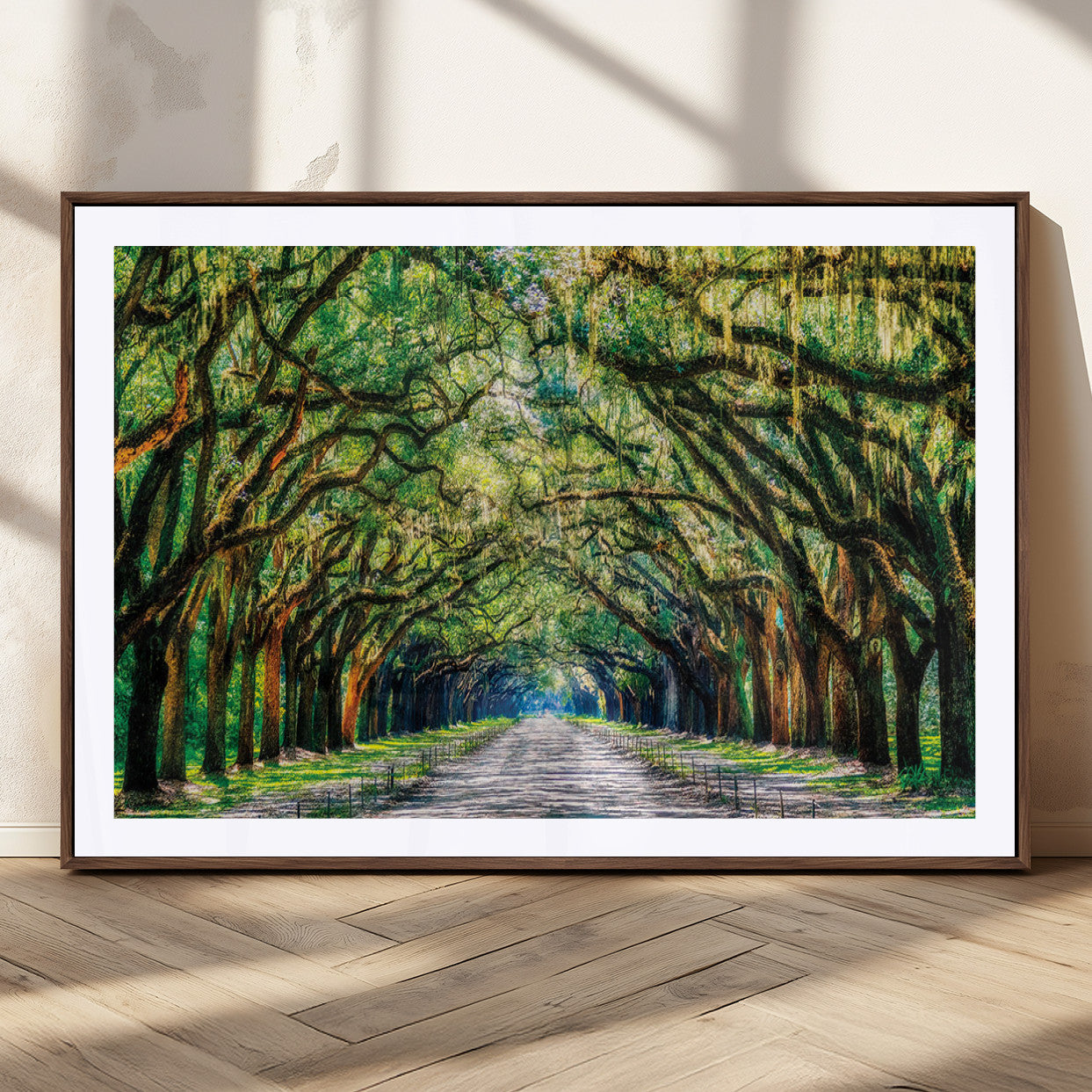 MGC-FP-36x24 - Serene Tree Tunnel Wall Art Canvas Print – Pathway Under Canopy of Lush Green Trees, Nature-Inspired