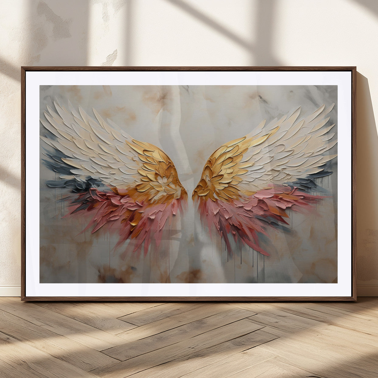 MGC-FP-36x24 - Golden Angel Wings Wall Art Canvas Print – Stunning Abstract Winged Art for Elegant Home Decor –