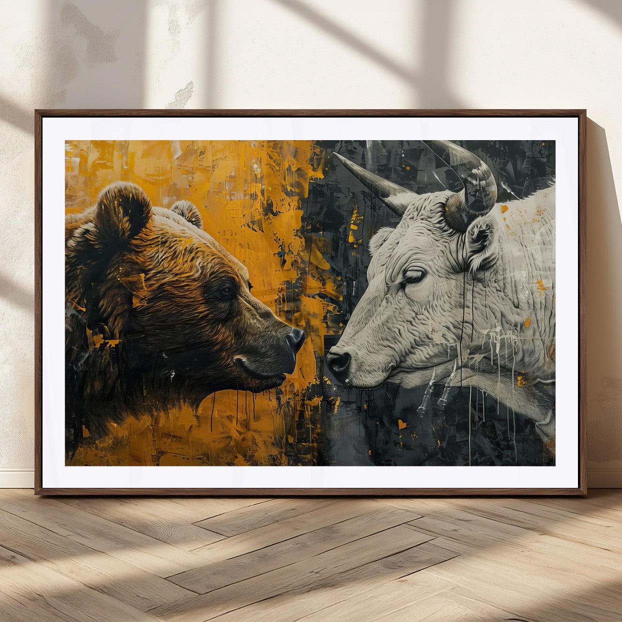 MGC-FP-36x24 - Bear and Bull Wall Art Canvas Print – Abstract Animal Portrait Painting for Modern Home Decor –