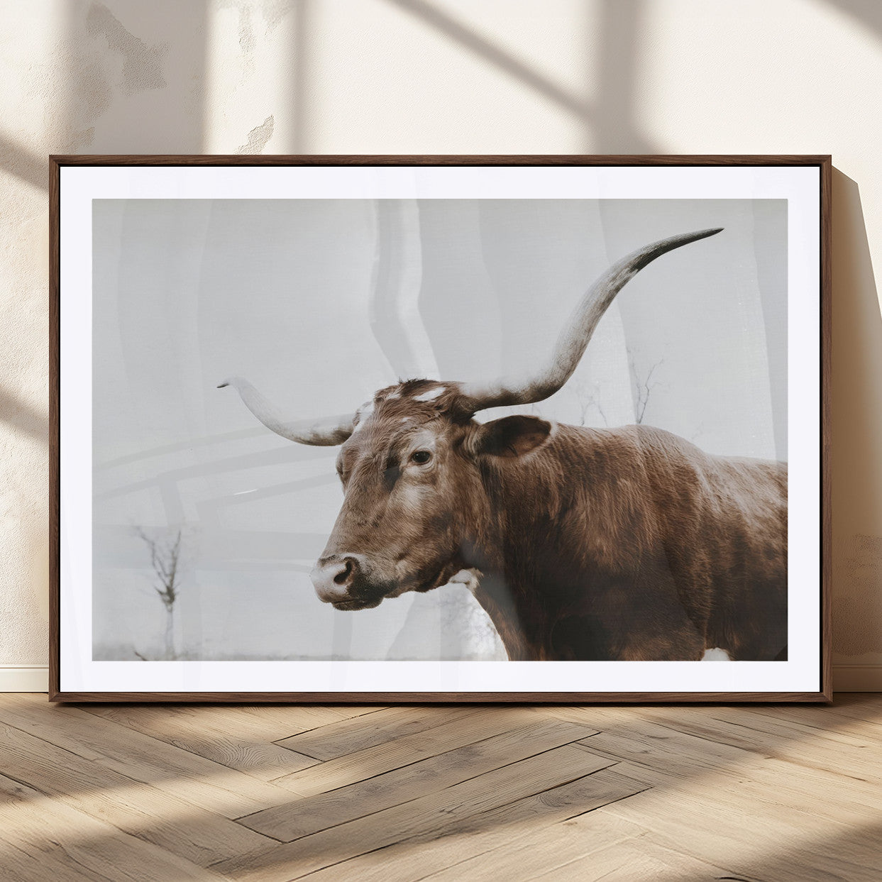 MGC-FP-36x24 - Rustic Bull Wall Art Canvas Print – Modern Longhorn Farmhouse Animal Decor – Abstract Farm Cow
