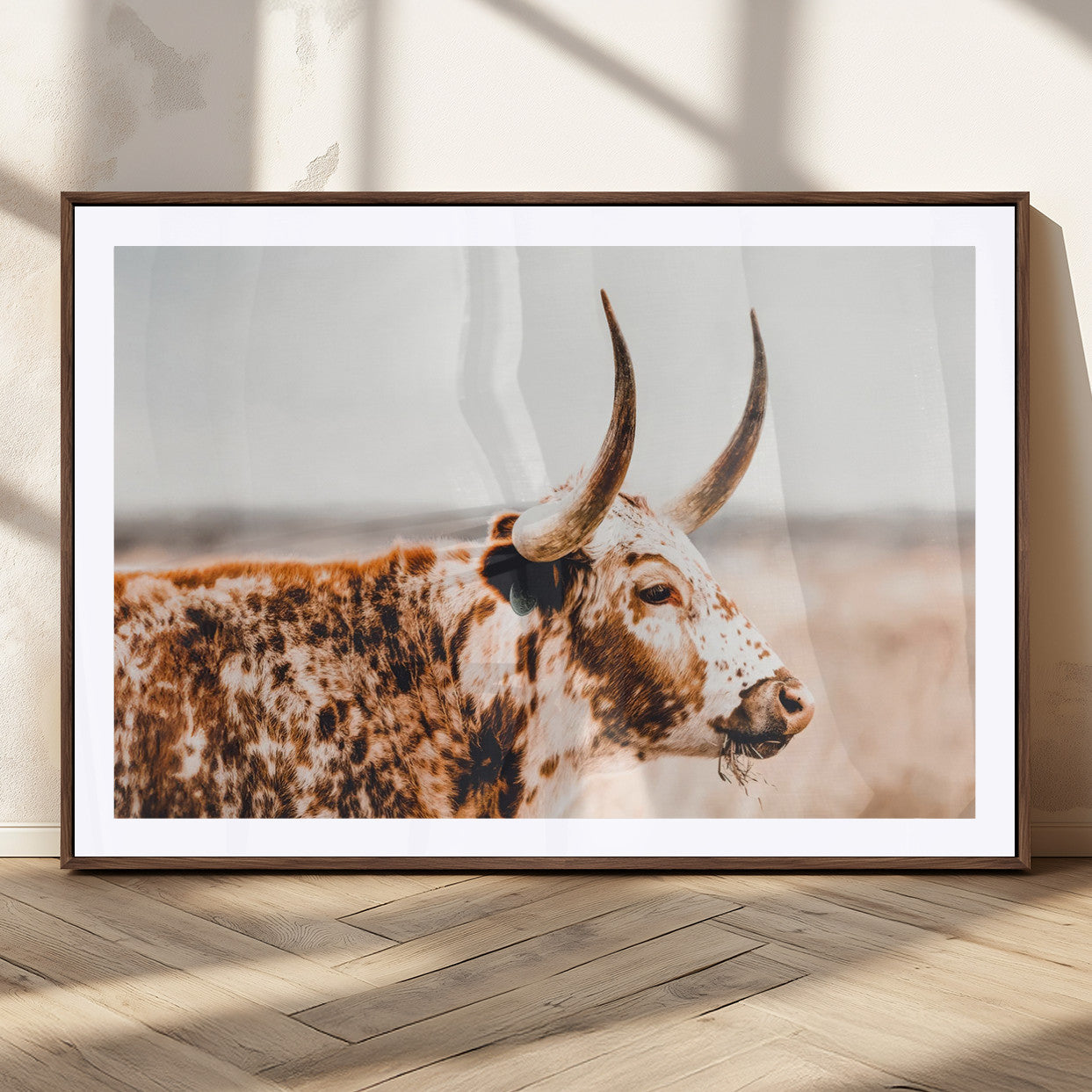 50356-MGC-FP-36x24_Walnut-Speckled Bull Wall Art Canvas Print – Rustic Cow Longhorn Farmhouse Animal Decor – Western Longhorn
