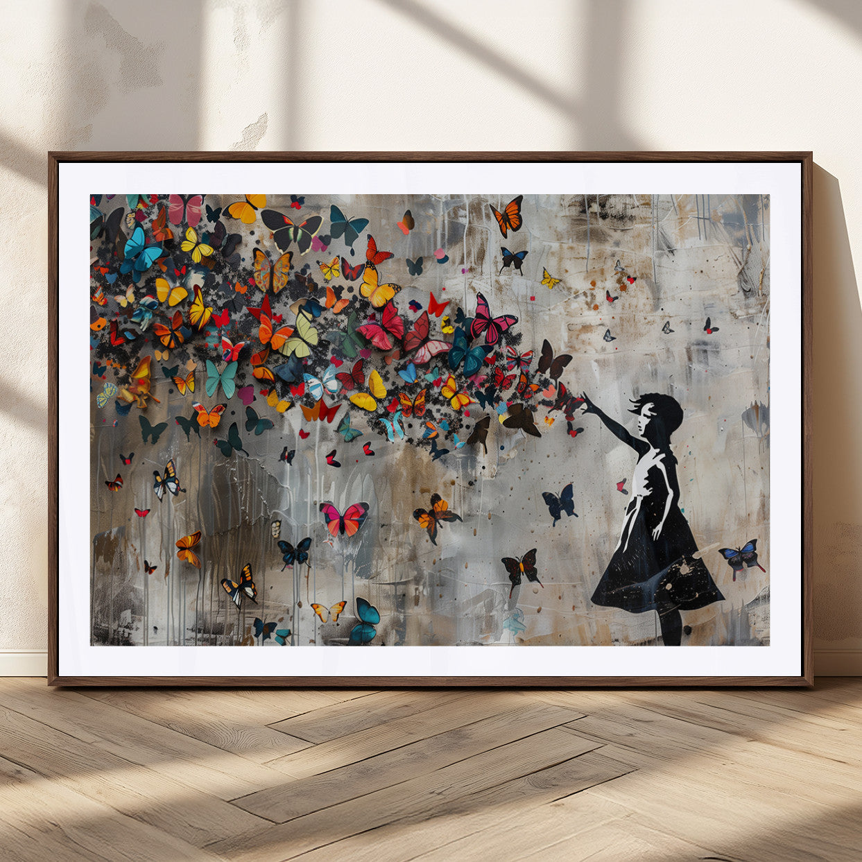 MGC-FP-36x24 - Banksy Wall Art - Banksy Girl and Butterfly Explosion Wall Art Canvas Print | Girl with Butterflies