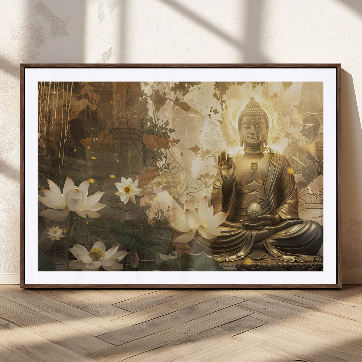 MGC-FP-36x24 - Zen Buddha Wall Art Canvas Print | Peaceful Meditation Decor with Lotus Flowers | Spiritual Serenity