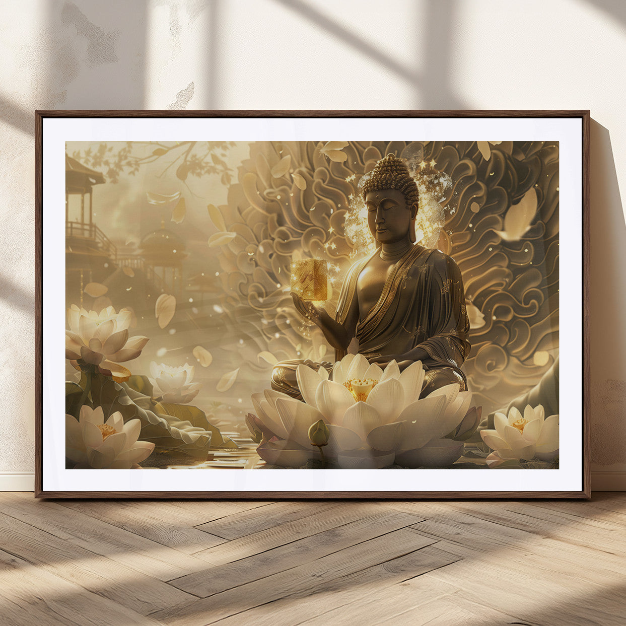 MGC-FP-36x24 - Golden Buddha Wall Art | Yoga Room Decor and Meditation Room Wall Art | Framed and Ready to Hang