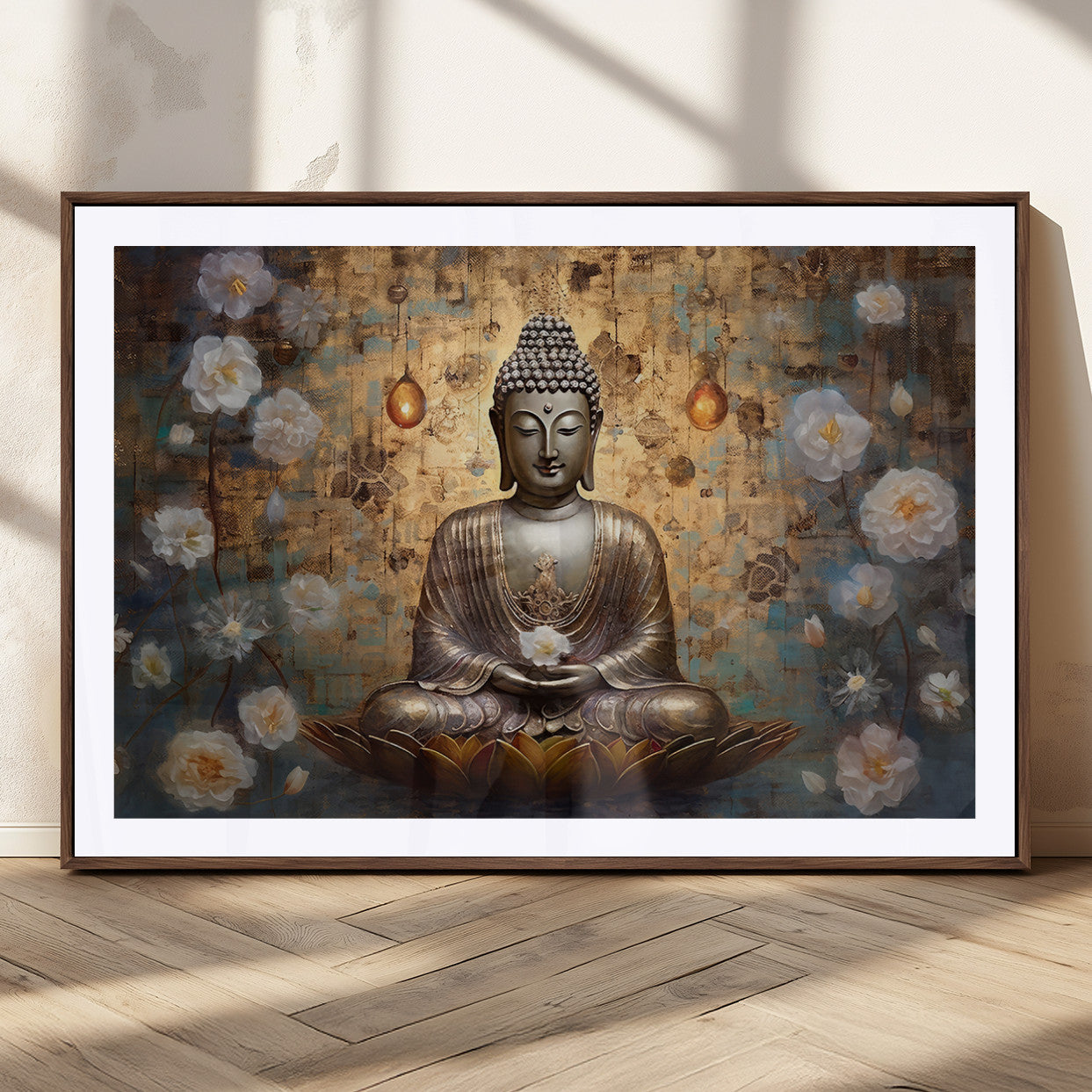 MGC-FP-36x24 - Golden Buddha Wall Art Canvas Print | Zen Meditation Floral Decor | Tranquil Spiritual Home Art |