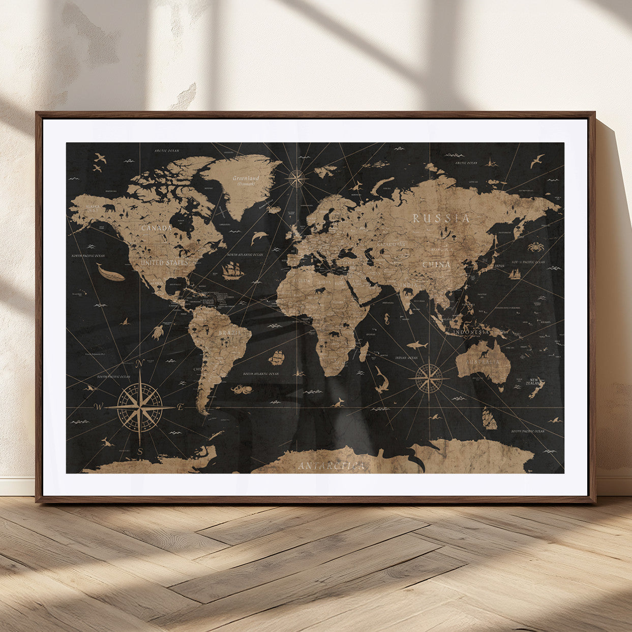 61023-MGC-FP-36x24_Walnut-World Map Canvas Print – Framed Wall Art for Home Decor